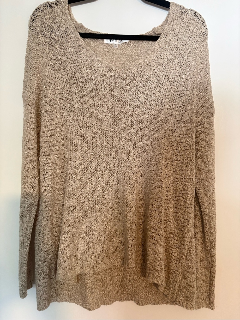 YeMak Sweater L Oatmeal Open Knit Lightweight Slouchy Pullover